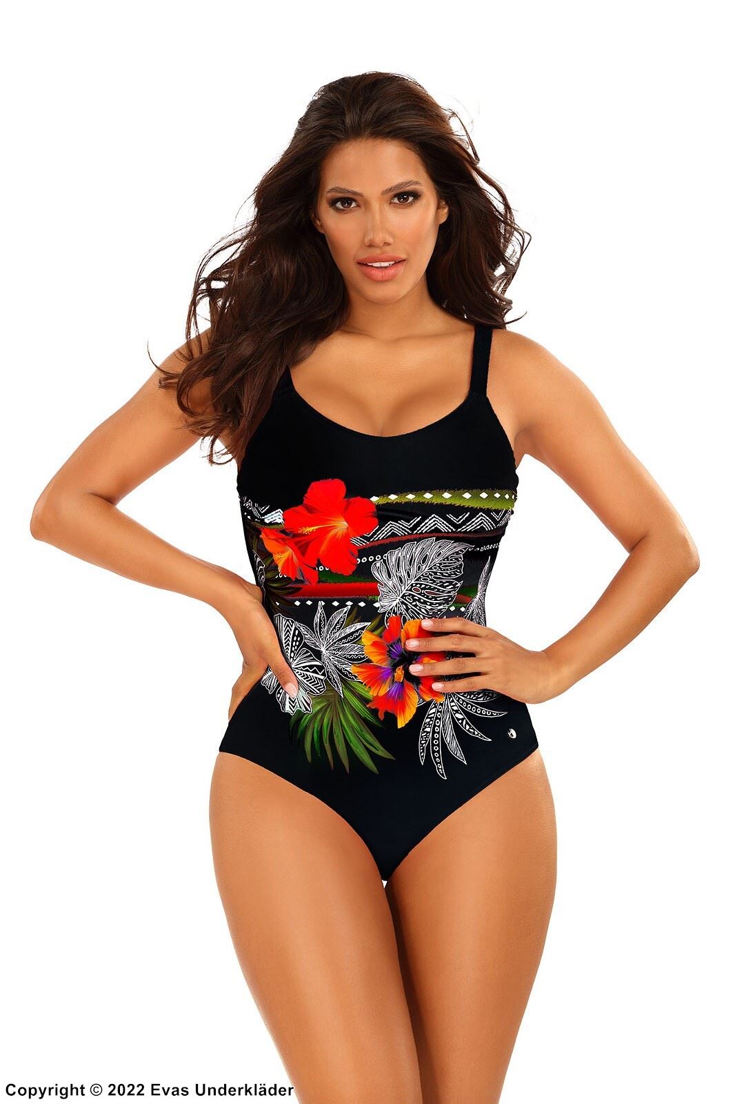 One-piece swimsuit, high quality microfiber, tropical pattern